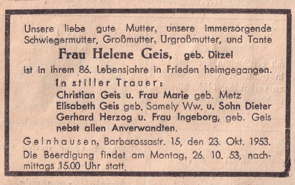 Todesanzeige Helene Geis, geb. Ditzel