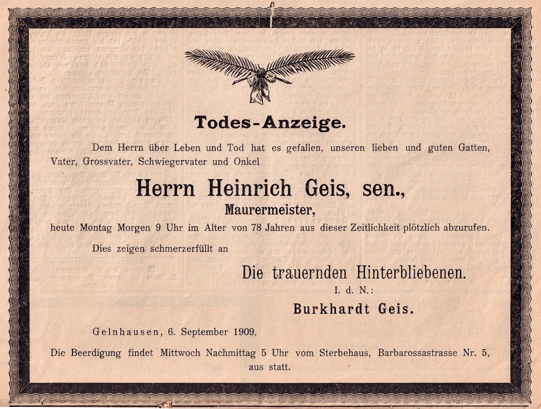 Todesanzeige Heinrich Geis sen.